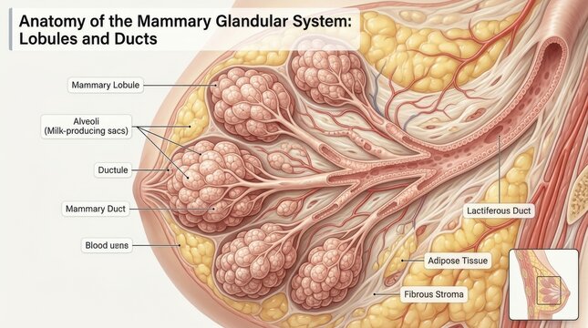 Anatomy of the mammary glandular system with labeled parts