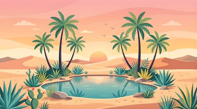 Beautiful Desert Oasis Landscape with Water Pond, Palm Trees and Cacti at Sunset