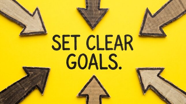Set clear goals motivational text on yellow background, business objective concept with wooden arrows, strategic planning and success mindset