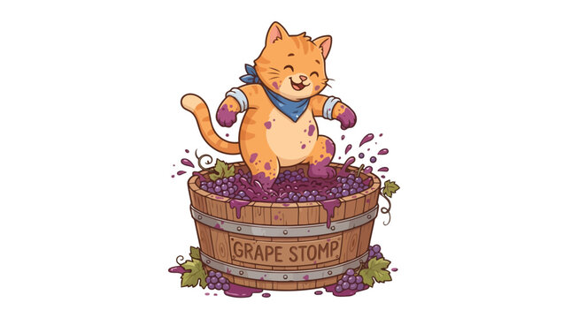 Happy ginger cat stomping grapes in wooden barrel for wine making with purple stains on fur