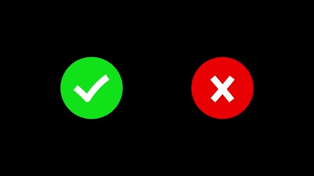 Green tick mark and red cross mark inside rough sketch circles with subtle wiggle animation, isolated on transparent background for approval and rejection overlays