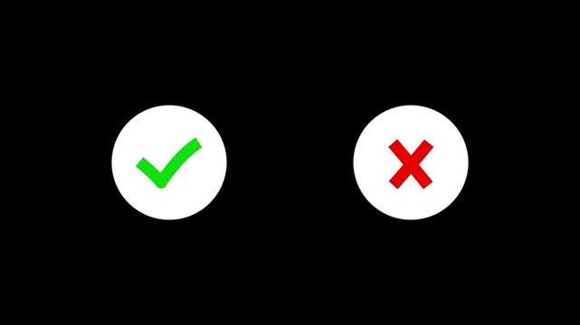 Green tick mark and red cross mark inside rough sketch circles with subtle wiggle animation, isolated on transparent background for approval and rejection overlays