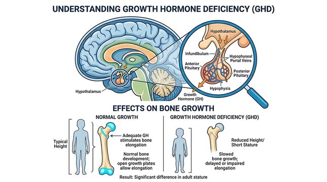Medical illustration showing growth hormone deficiency and impact on bone growth
