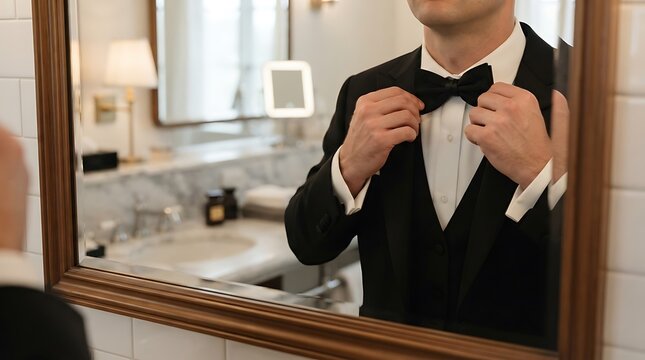 Man in elegant black tuxedo adjusting bow tie while looking in bathroom mirror preparing for formal event or wedding celebration.