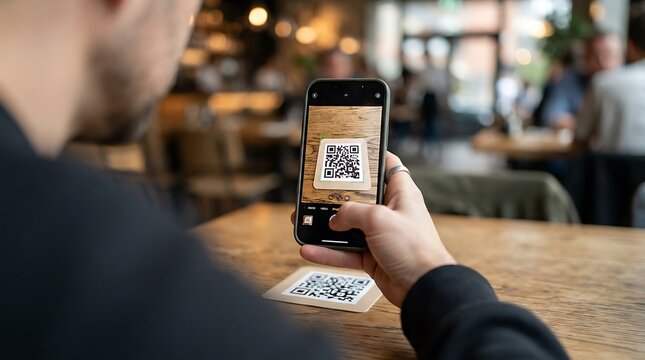 Man using smartphone to scan qr code on wooden table in a restaurant, modern technology for contactless ordering and payment.