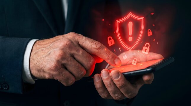 Hands using a smartphone displaying a glowing red shield with a warning sign representing a cybersecurity alert.