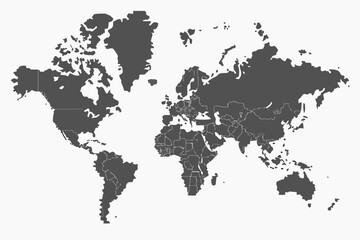 Dark gray world map silhouette on a white background depicting continents and country borders © Lelin