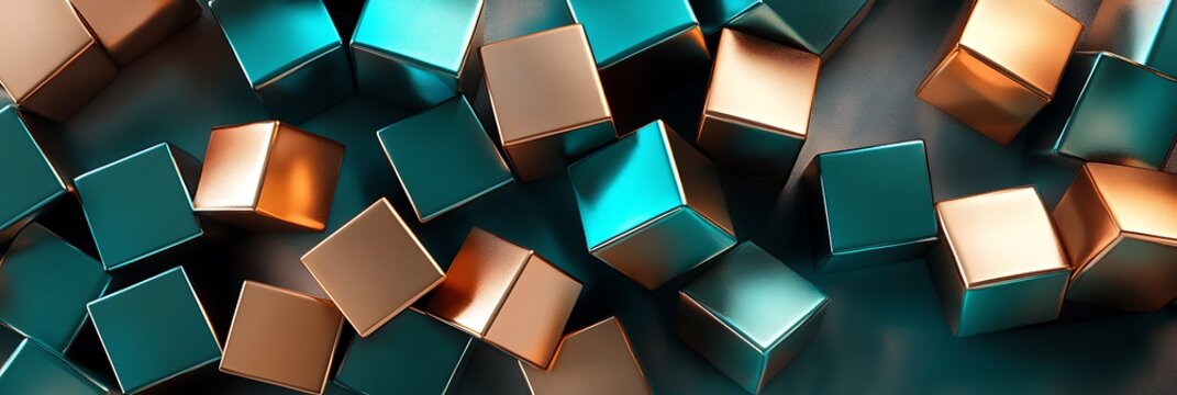 Metallic cubes in varying teal and copper tones create an abstract geometric background with a dark reflective surface render digital art shapes