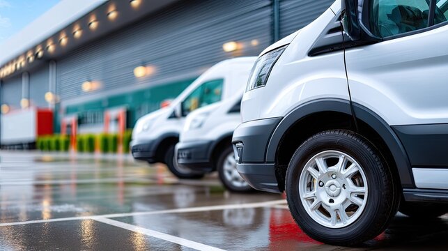 Fleet of white electric delivery vans parked outside a modern distribution center with a charging cable connected to the closest vehicle