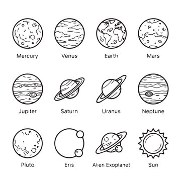 Set of celestial bodies and planets in a clean line drawing style with labels for educational and scientific use