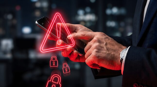 Businessman gripping a smartphone with a cracked screen showing a red warning sign and padlock icons.
