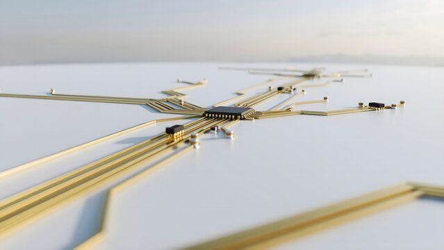 Golden circuit traces flowing like rivers in white landscape &ndash; Ideal for electronic engineering, wealth tech, or circuit design.