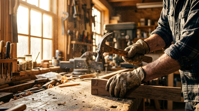 Carpenter planing wooden plank by hand in workshop. Skilled craftsman shaping timber with hand plane for custom furniture making.