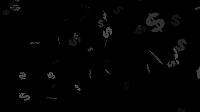 usd currency explosion overlay 4k, bright golden dollar signs particles bursting with light, luxury money explosion animation on black background, alpha channel seamless loop