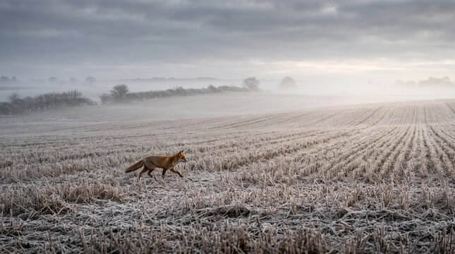 Red Fox Walking In Misty Foggy Autumn Field At Dawn