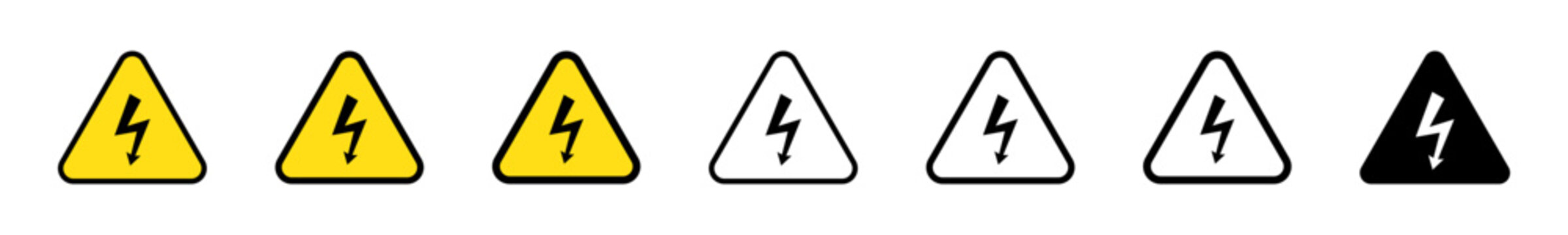 High voltage warning sign set. Triangular danger icons with lightning bolt arrow.