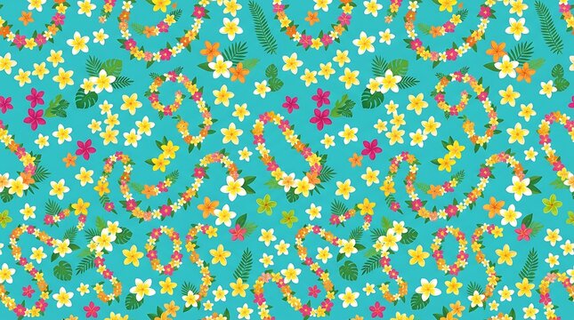 Seamless tropical plumeria flower lei pattern on turquoise background
