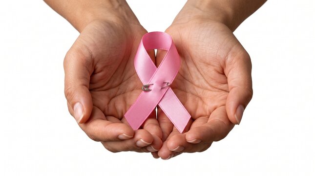 Hands holding pink ribbon symbol for breast cancer awareness and support