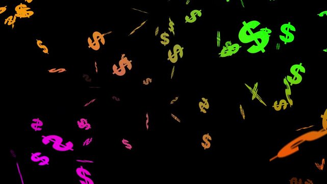 usd currency explosion overlay 4k, bright golden dollar signs particles bursting with light, luxury money explosion animation on black background, alpha channel seamless loop