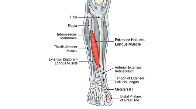 Anatomy diagram of human lower leg muscle fibers and tibialis anterior