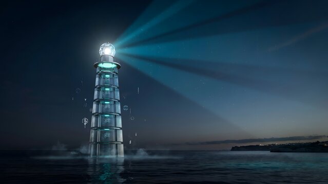Crystal database lighthouse projecting cyan search beams &ndash; Ideal for data discovery, cyber security, or database management.
