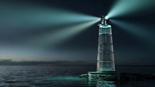 Database tower lighthouse casting light beams across dark &ndash; Suitable for search engine, information tracking, or guidance.
