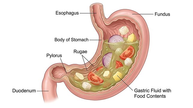 Anatomy of human stomach with food contents and gastric fluid digestion diagram