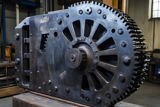 Large marine gearbox with multiple gears and a metallic housing photographed in an industrial workshop setting transmission cogwheels spur bevel steel cast