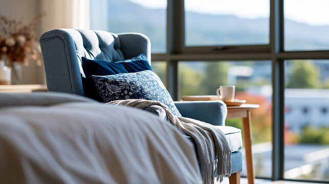 Comfortable senior living room interior with a neat bed classic armchair and natural light pouring from a large window restful home concept aging in place senior friendly