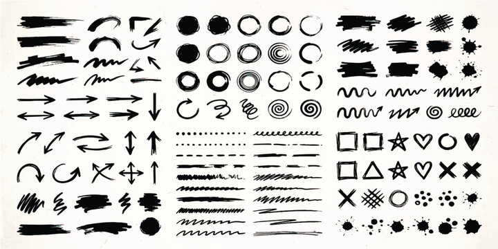 Set of hand drawn ink brush strokes arrows circles and abstract elements with collection abstract scribble ornament decoration creative isolated
