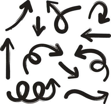 Set of black hand drawn arrows with rough brush texture in various shapes and directions