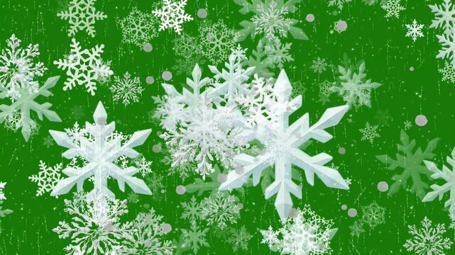 Winter snowflakes falling loop in a 2D animation with lighting, glittering, snowflake and particle dark and grain processed on green background, 4k loop overlay