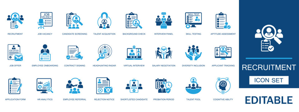 Recruitment icon set. Featuring candidate screening talent acquisition resume parsing interview panel employee onboarding job vacancy hiring process candidate search vector.