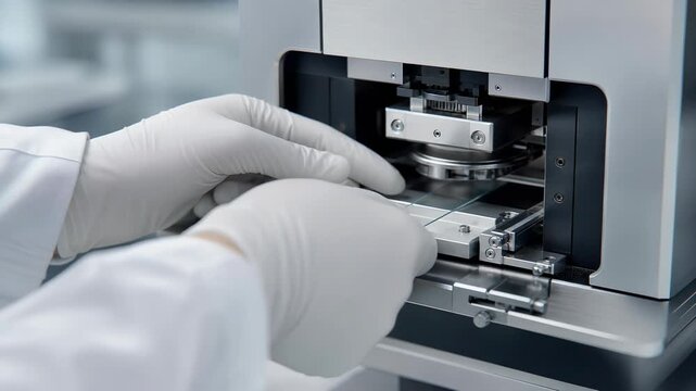 Laboratory technician wearing gloves operating scientific equipment for sample analysis and clean environment ensuring precise scientific analysis