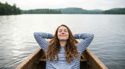 Fototapeta premium Woman Relaxing in a Boat on a Calm Lake Enjoying Nature.