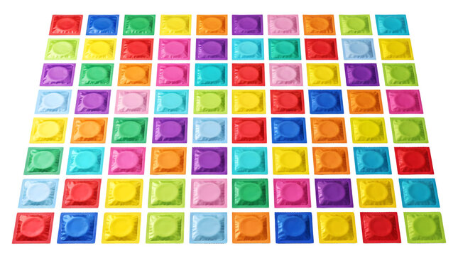 Colorful condom wrappers in a grid. Isolated latex contraceptives for safe sex protection.