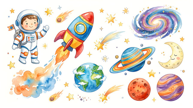 Collection of cute space elements including astronaut, rocket, planets, stars, moon and galaxy, children's watercolor illustration style, isolated on white background