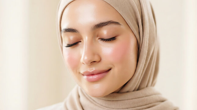 Woman in white hijab with serene expression, close-up portrait
