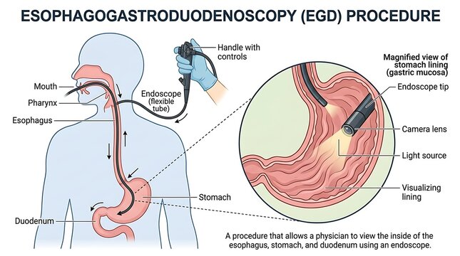 Esophagogastroduodenoscopy egd medical procedure diagram with endoscopy