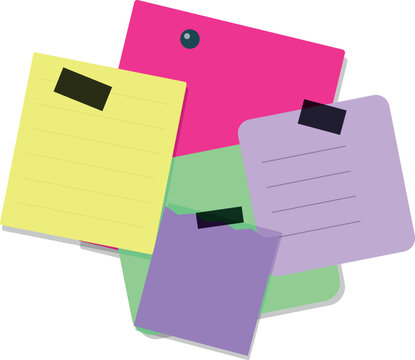 Colorful sticky notes with tape and pins for reminders and office messages in a simple design