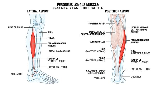 Anatomical diagram of peroneus longus muscle structure and leg positioning
