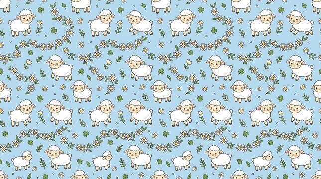 Cute sheep and daisy floral seamless pattern on blue background