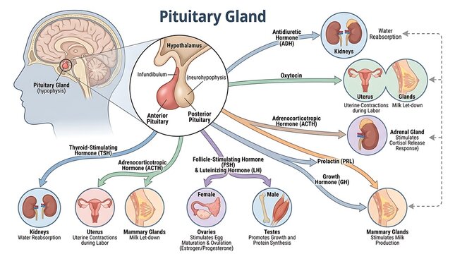 Pituitary gland hormonal function and target organs biological chart
