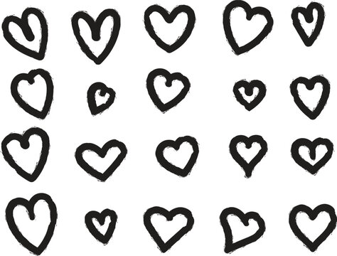 Set of hand drawn black heart shapes on a white background