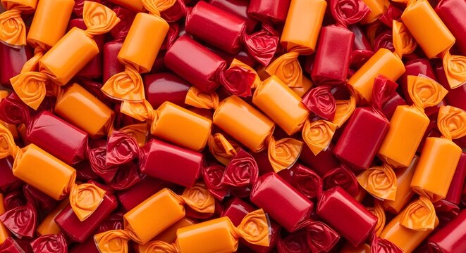 Halloween candy assortment vibrant orange and red wrapped treats for trick or treat