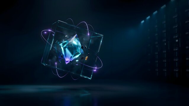 Floating cube with AI core and glowing magnetic field lines &ndash; Perfect for tech research, quantum computing, or science branding.