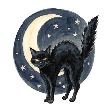 Black cat with arched back in front of crescent moon halloween painting
