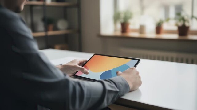 User browsing innovative startup proposals on a crowdfunding site captured in medium shot with tablet screen crisp against a gentle unfocused backdrop.
