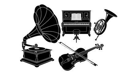 Classic musical instruments with instruments gramophone including including piano french french horn violin collection classic black white with illustration