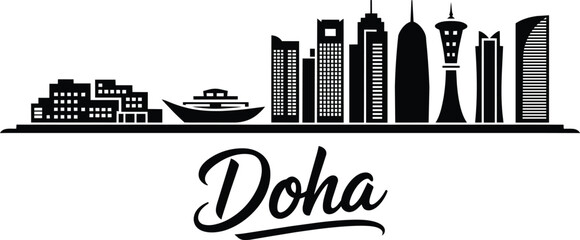 Fototapeta premium Doha city skyline silhouette with modern skyscrapers, famous architectural landmarks, and coastal boat view in a flat minimalist